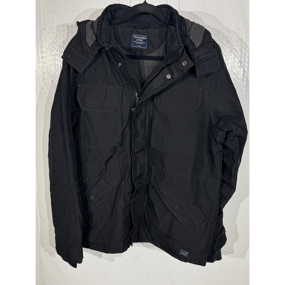 Y2K Abercrombie Fitch Black Ripstop Military Jacket Fleece Lined Hood Mens L